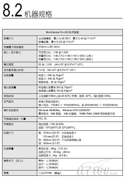 施乐多功能复印机的机器规格